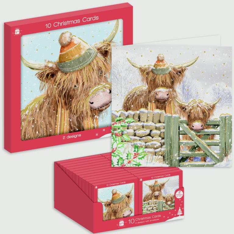 Giftmaker Square Highland Cow Christmas Cards Pack 10