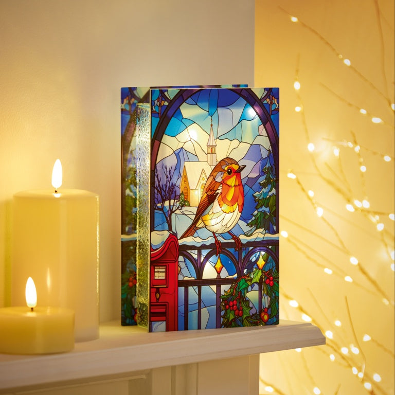 Premier Stained Glass Lit Decoration 21 x 13cm Robin On Gate