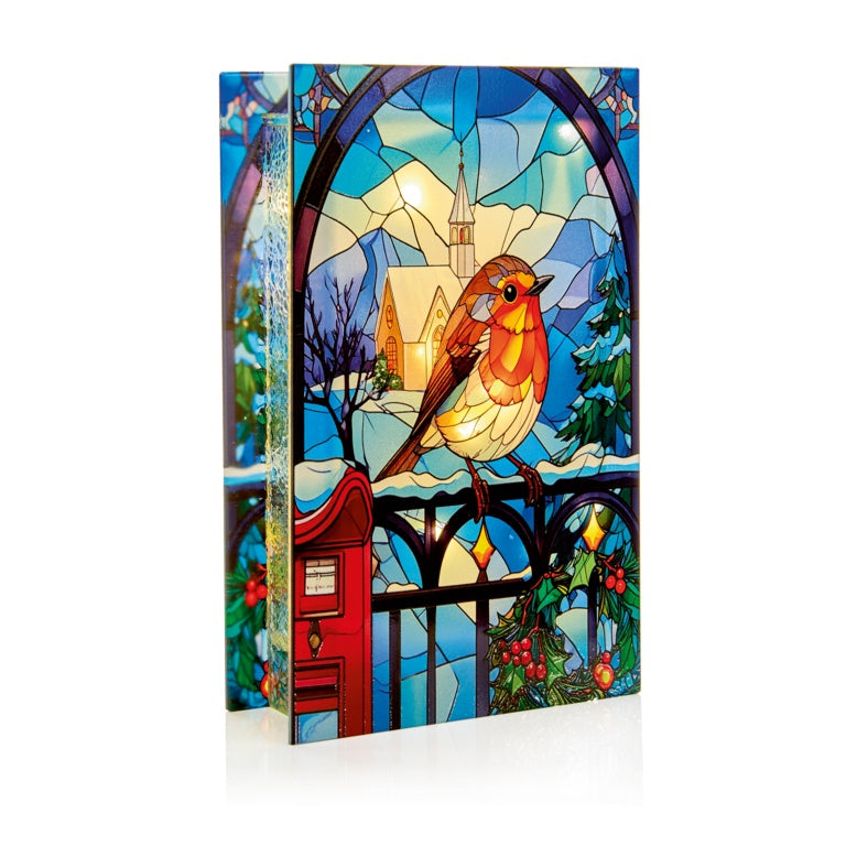 Premier Stained Glass Lit Decoration 21 x 13cm Robin On Gate