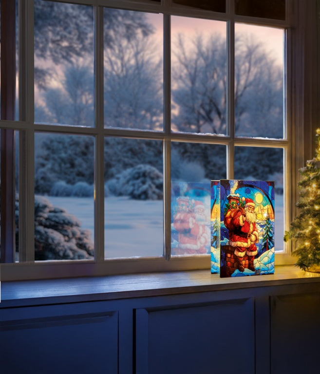 Premier Stained Glass Lit Decoration 21 x 13cm Santa On Chimney Stack