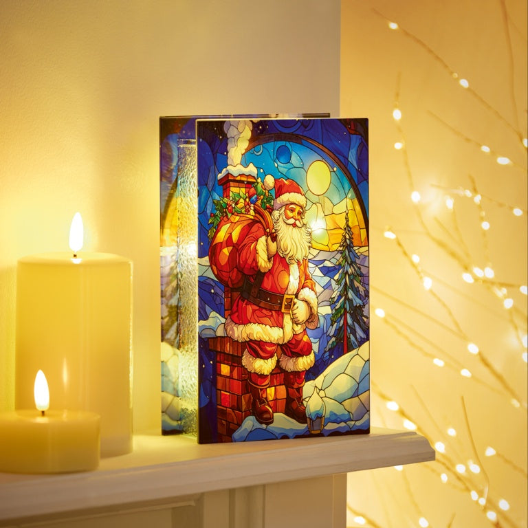 Premier Stained Glass Lit Decoration 21 x 13cm Santa On Chimney Stack