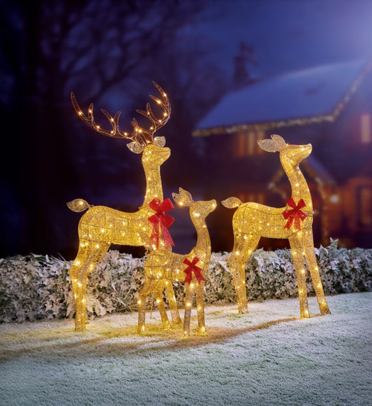 Premier Set Of 3 Lit Gold Glitter Fabric Deer 1.4m
