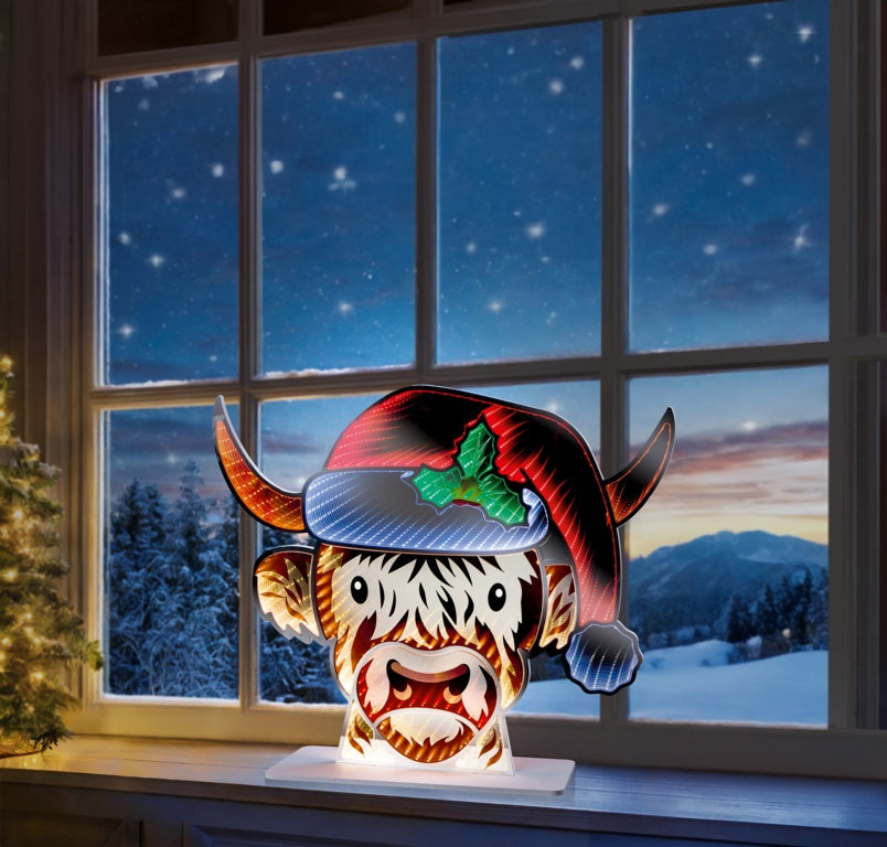 Premier Highland Cow Head With Santa Hat Infinity Mirror 40cm
