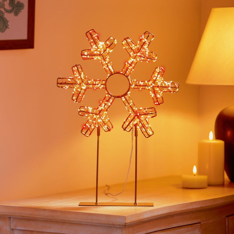 Premier Twinkling Lit Gold Table Top Snowflake 45cm Red & Warm White