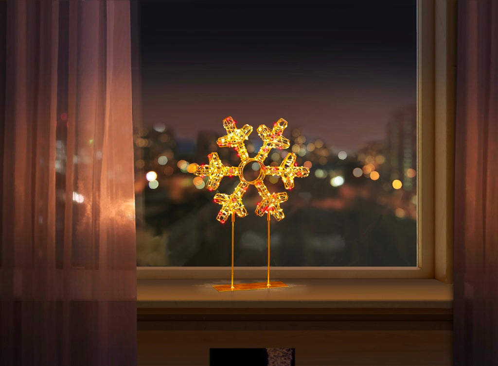 Premier Twinkling Lit Gold Table Top Snowflake 45cm Red & Warm White