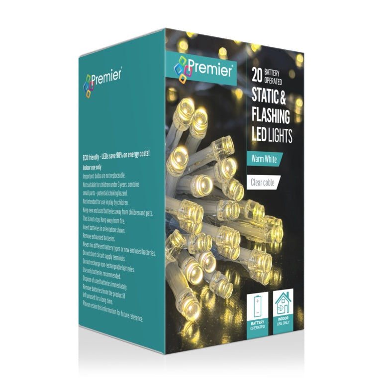 Premier 20 Static & Flashing LED Lights Warm White/Clear Cable