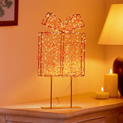 Premier Twinkling Lit Gold Table Top Parcel 45cm Red/Warm White