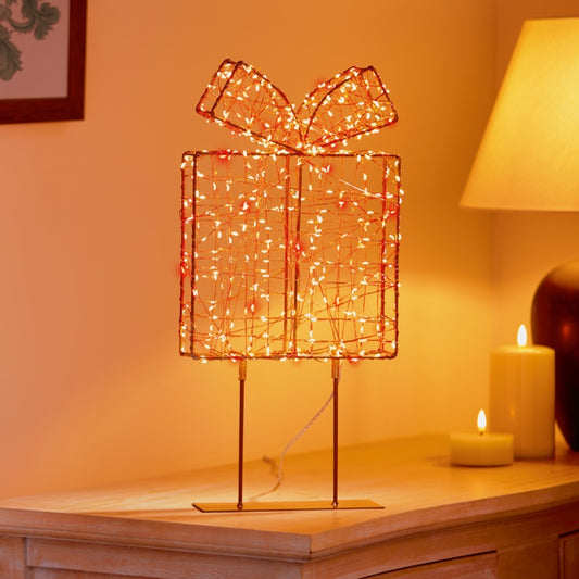 Premier Twinkling Lit Gold Table Top Parcel 45cm Red/Warm White