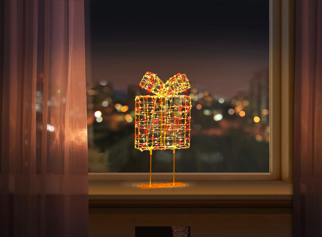 Premier Twinkling Lit Gold Table Top Parcel 45cm Red/Warm White