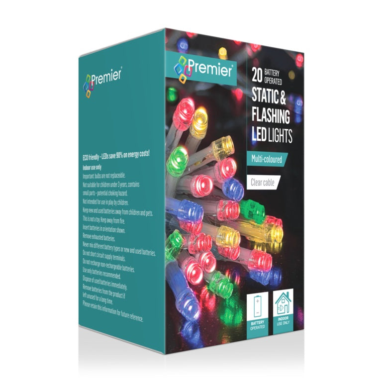 Premier 20 Static & Flashing LED Lights Multi Coloured/Clear Cable