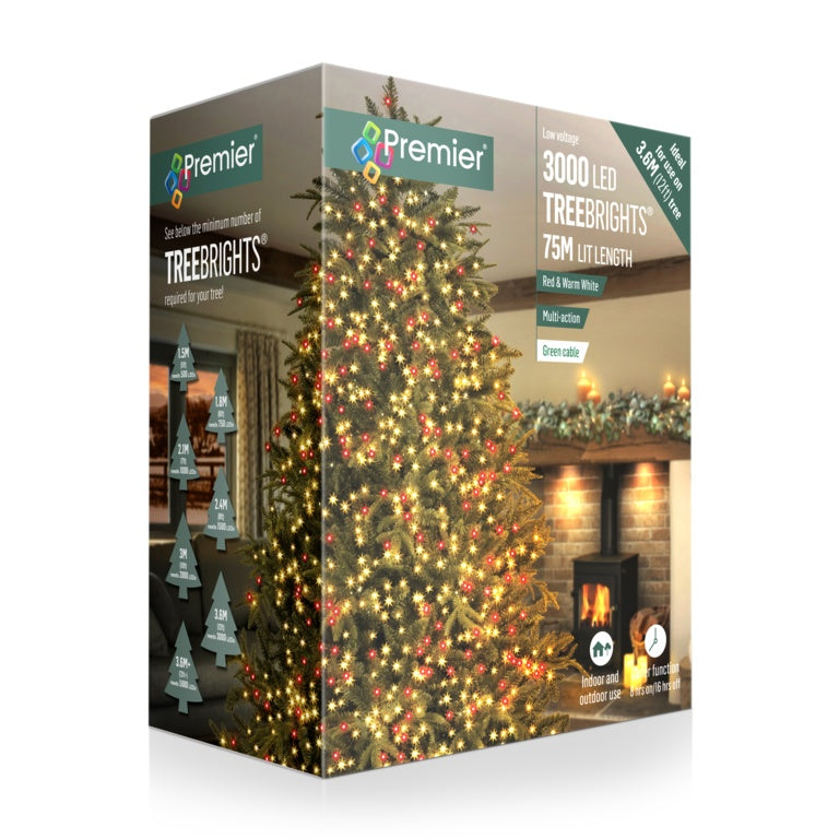 Premier 3000 LED Multi Action Treebrights With Timer Red/ Warm White - Green cable
