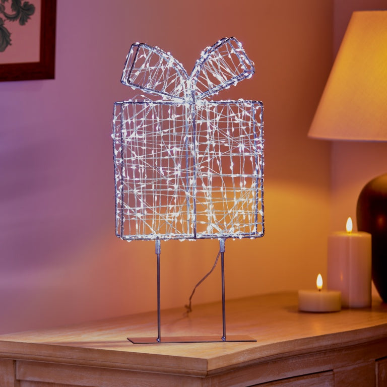 Premier Twinkling Lit Silver Table Top Parcel 45cm