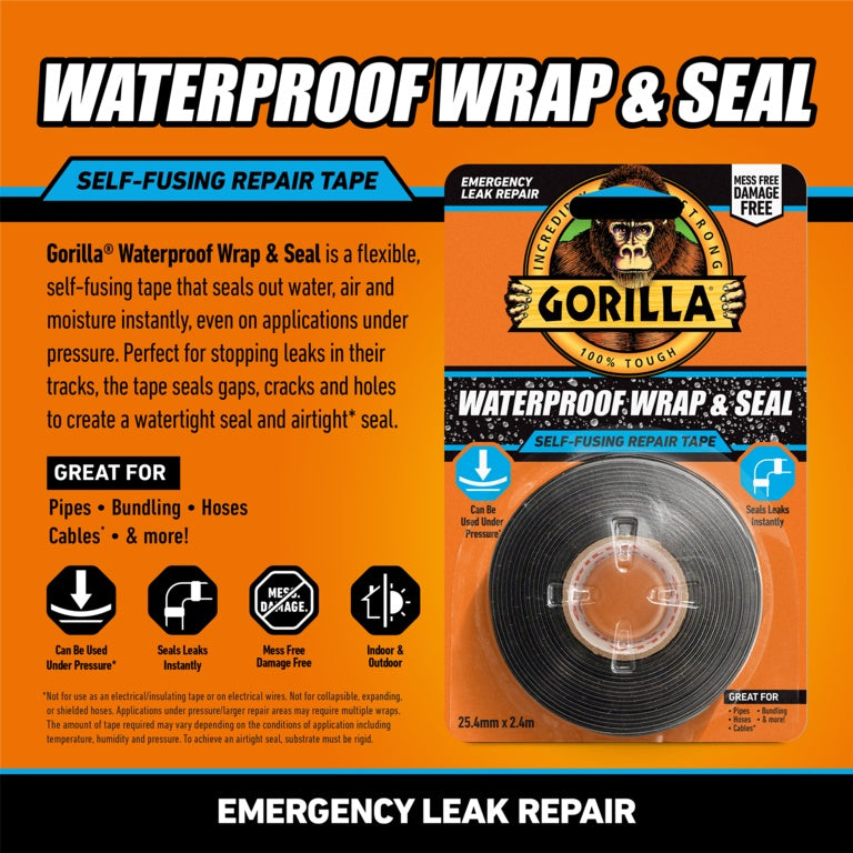 Gorilla Black Silicone Tape Waterproof Wrap & Seal 25.4mm x 2.4m