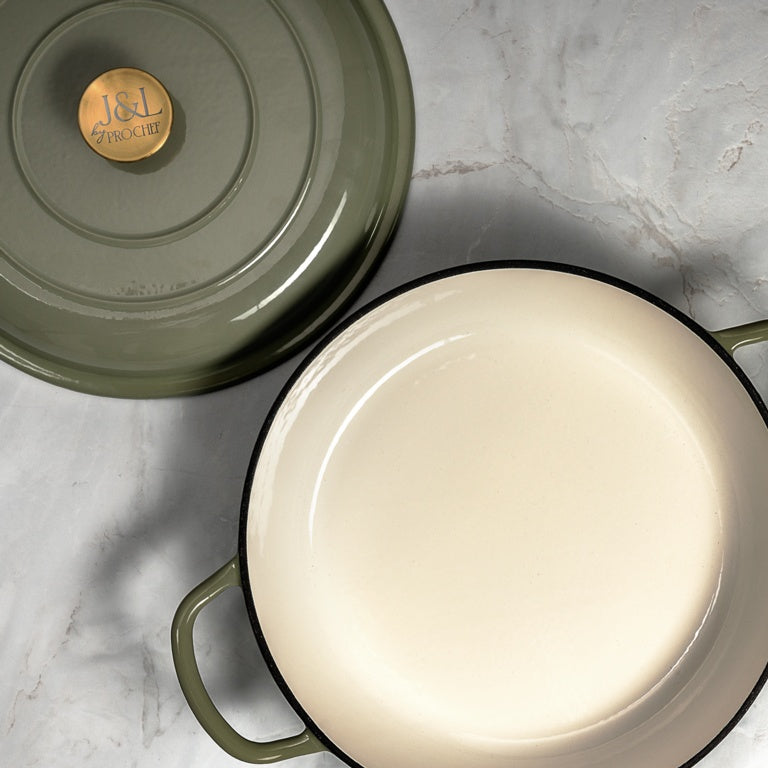 J & L Cast Iron Sage Green Shallow Casserole 30cm