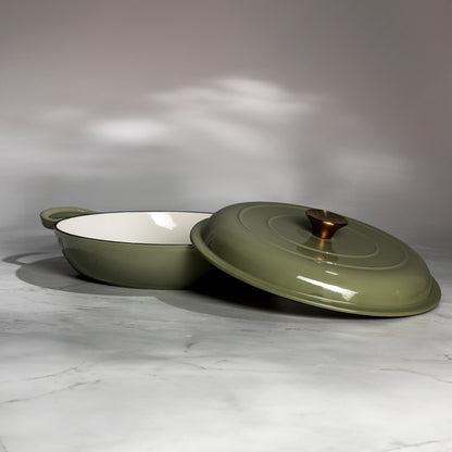 J & L Cast Iron Sage Green Shallow Casserole 30cm