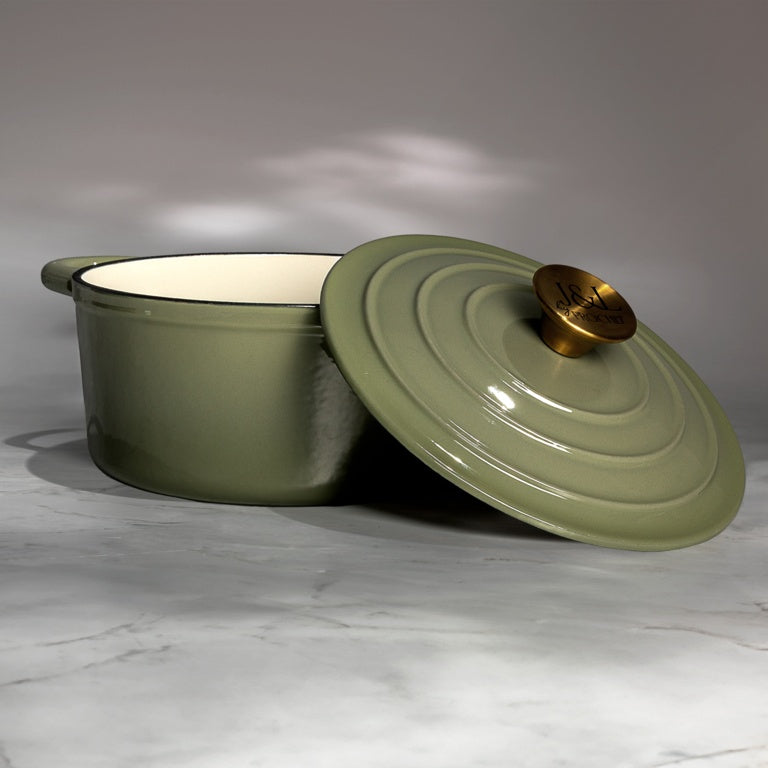 J & L Cast Iron Sage Green Round Casserole 21cm