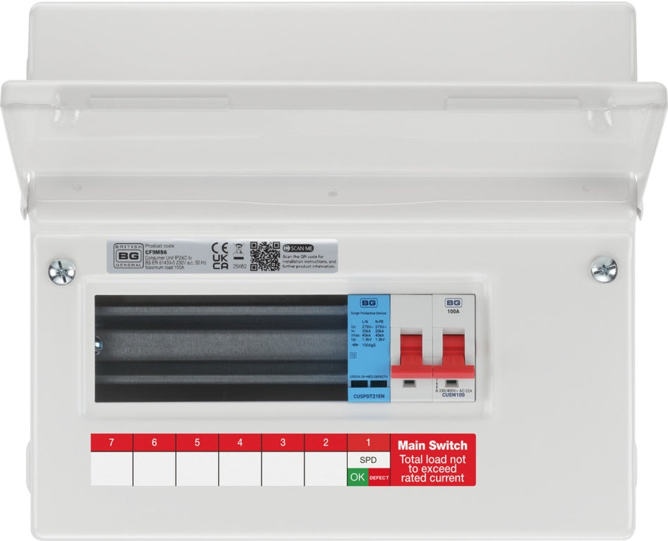 BG Consumer Unit 9 Module 6 Way Unpopulated Surge