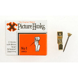 X Original Patent Steel Picture Hooks - Brass Plated (Box Pack) No.1