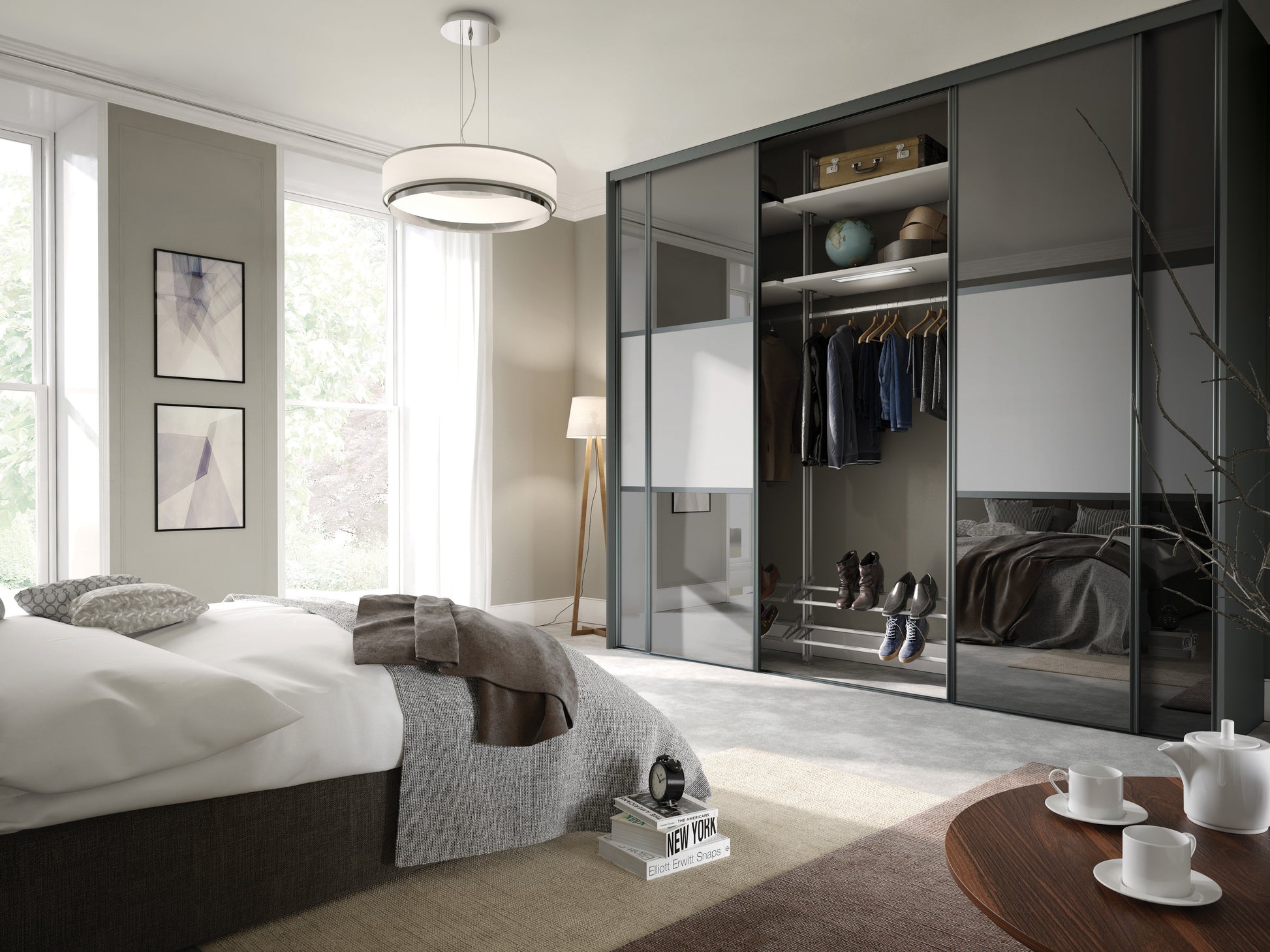 Spacepro Classic Wideline Sliding Wardrobe Door - White framed White Panel/Cappuccino Glass/ White Panel - 2260mm - image 1