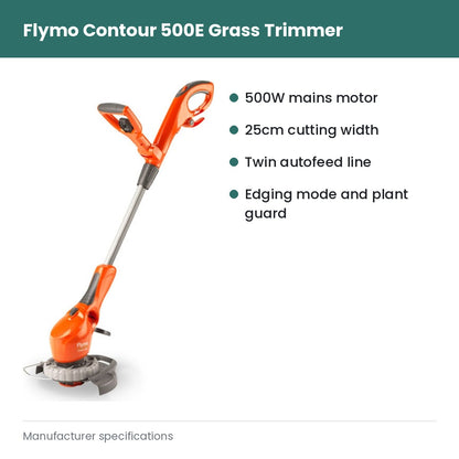 Flymo Contour 500e Electric Grass Trimmer - 500W mains motor; 25cm cutting width; Twin autofeed line; Edging mode and plant guard