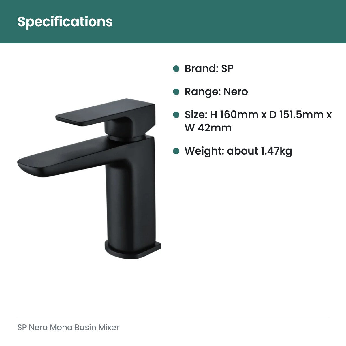 SP Nero Mono Basin Mixer - specifications