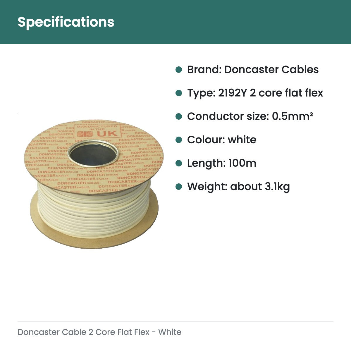 Doncaster Cable 2 Core Flat Flex - White - specifications
