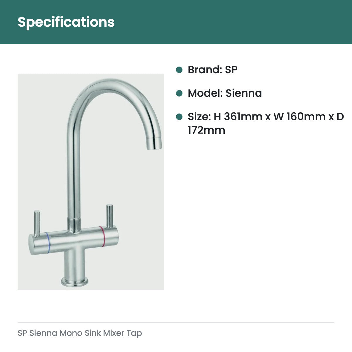 SP Sienna Mono Sink Mixer Tap - specifications