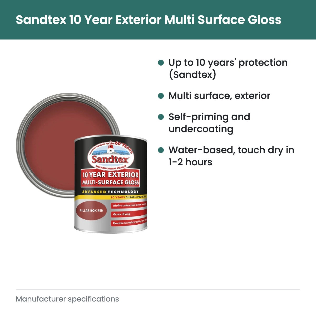 Sandtex 10 Year Exterior Multi Surface Gloss 750ml Pillar Box Red - key features