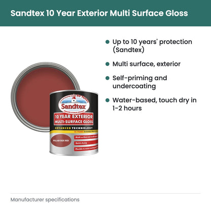 Sandtex 10 Year Exterior Multi Surface Gloss 750ml Pillar Box Red - key features