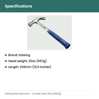Estwing Nail Hammer - Curved Claw 20oz (567g) - specifications