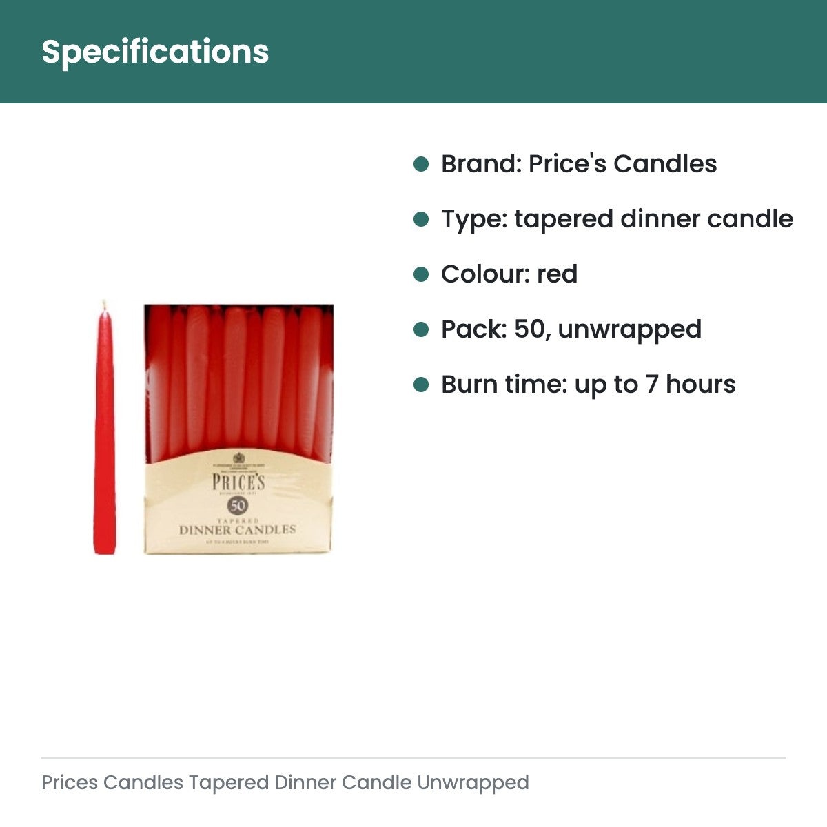 Prices Candles Tapered Dinner Candle Unwrapped 50 Pack Red - specifications