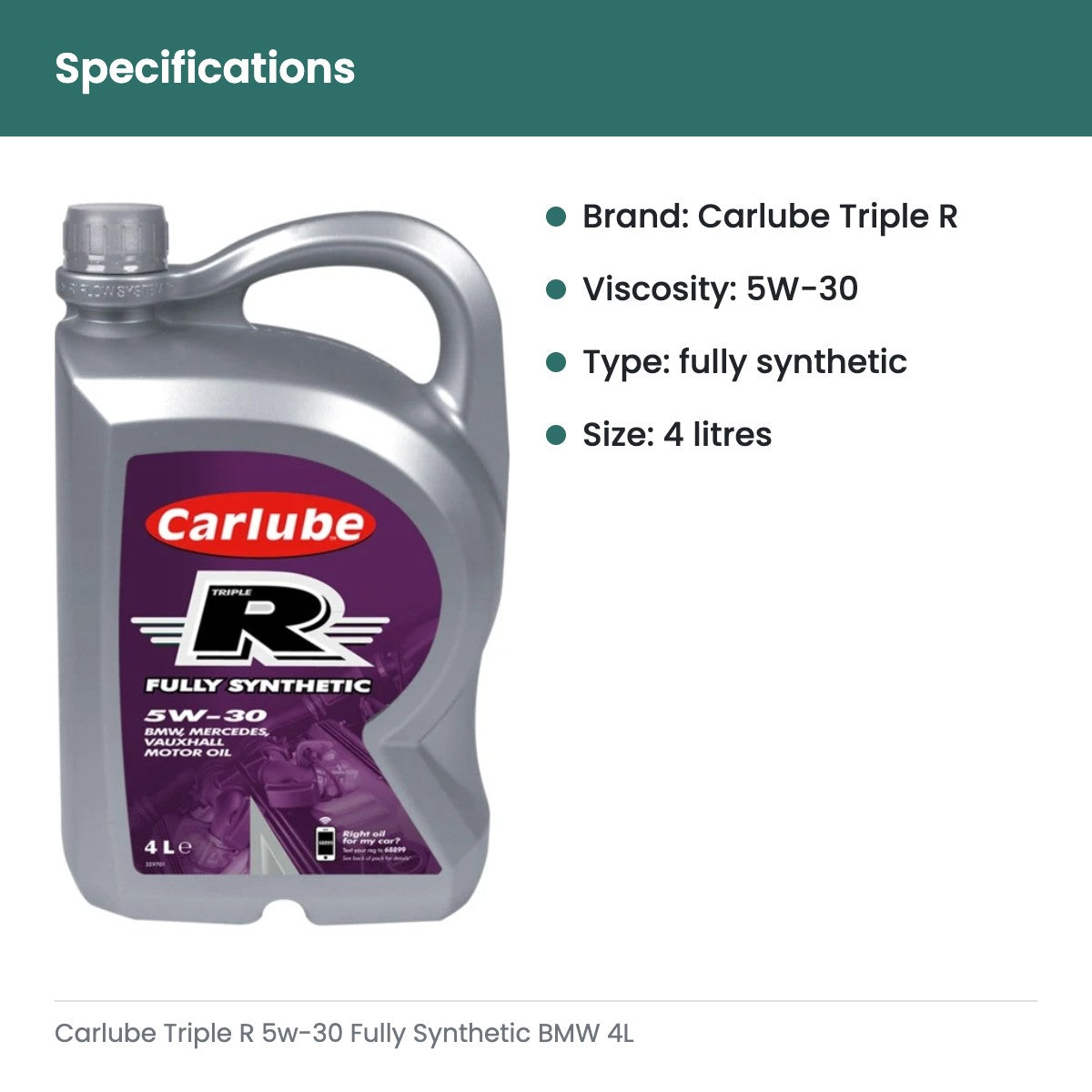 Carlube Triple R 5w-30 Fully Synthetic BMW 4L - specifications
