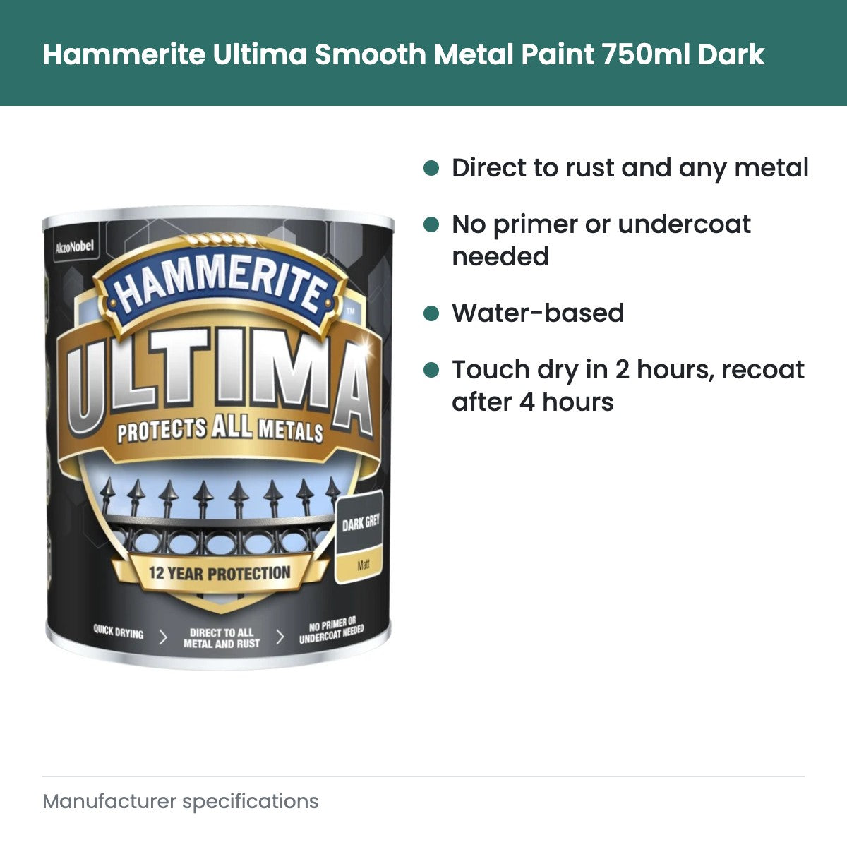 Hammerite Ultima Smooth Metal Paint 750ml Dark Grey - key features