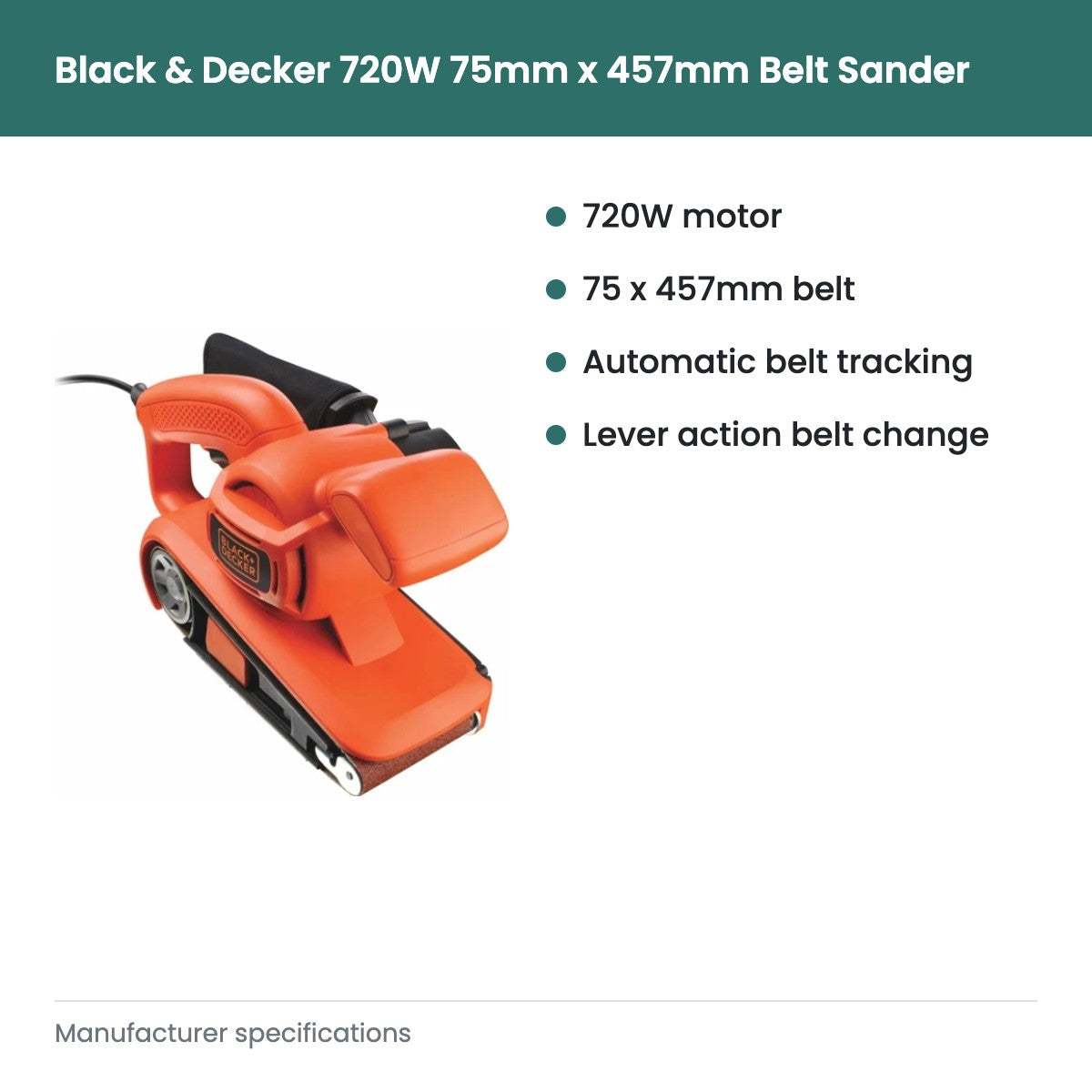 Black & Decker 720W 75mm x 457mm Belt Sander - key features