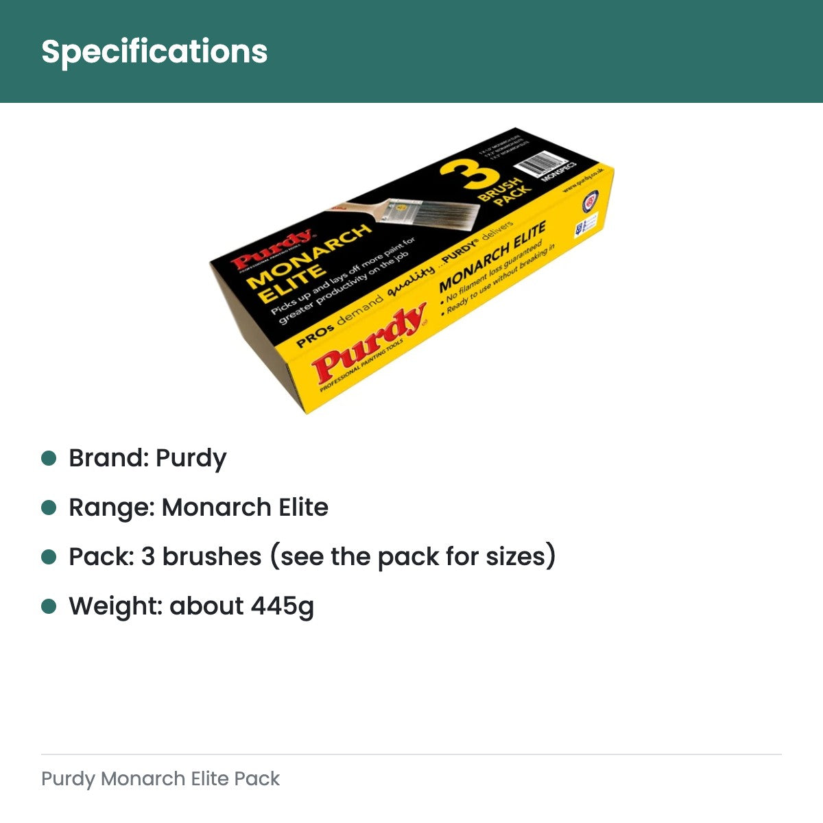 Purdy Monarch Elite Pack - specifications