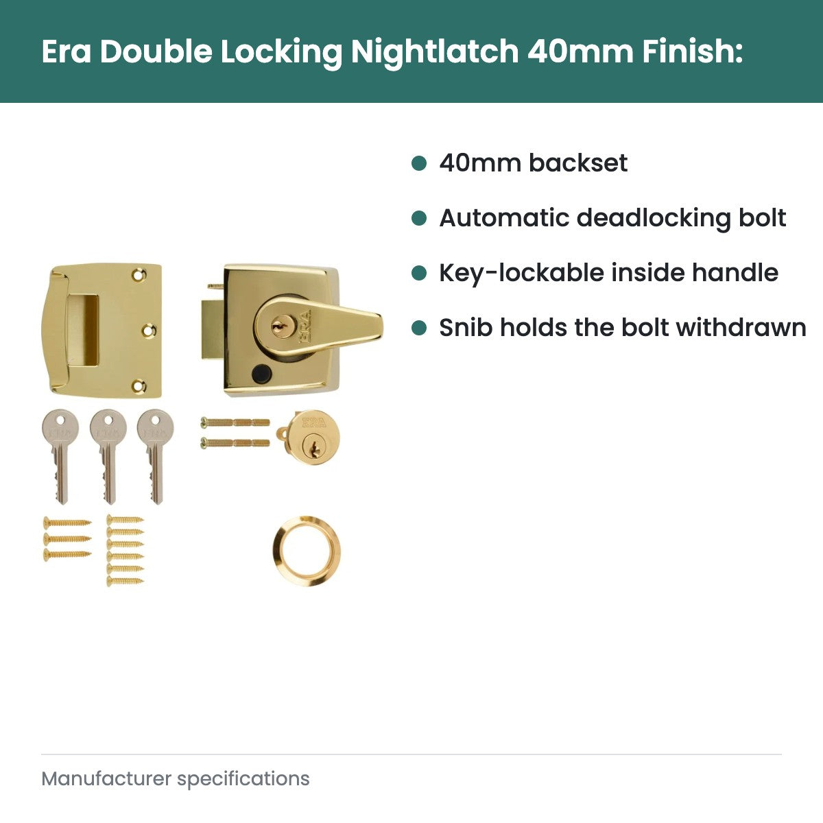 Era Double Locking Nightlatch 40mm Finish: Brass Effect Body - Brass Cylinder - key features