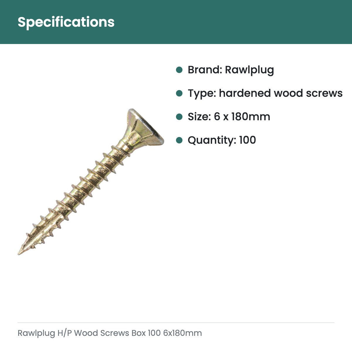 Rawlplug H/P Wood Screws Box 100 6x180mm - specifications