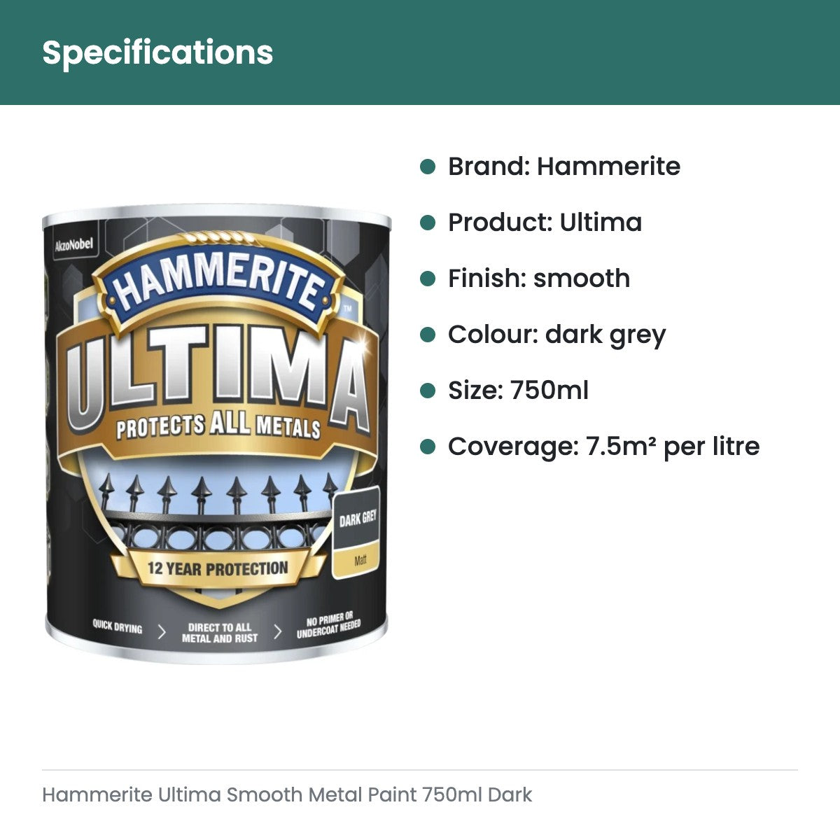 Hammerite Ultima Smooth Metal Paint 750ml Dark Grey - specifications