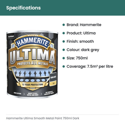 Hammerite Ultima Smooth Metal Paint 750ml Dark Grey - specifications