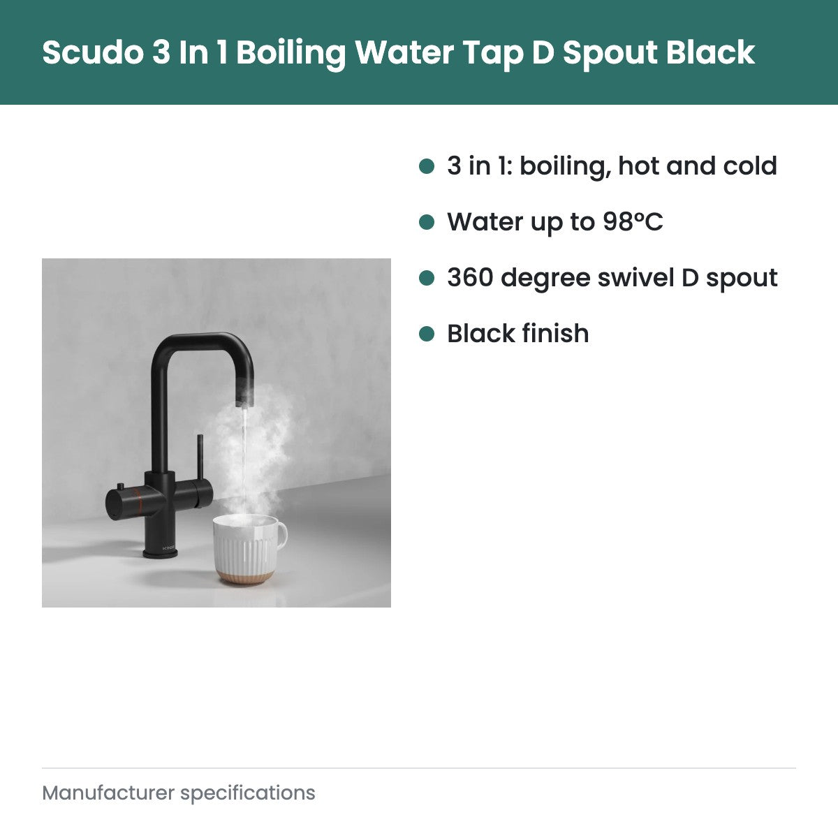 Scudo 3 In 1 Boiling Water Tap D Spout Black - key features