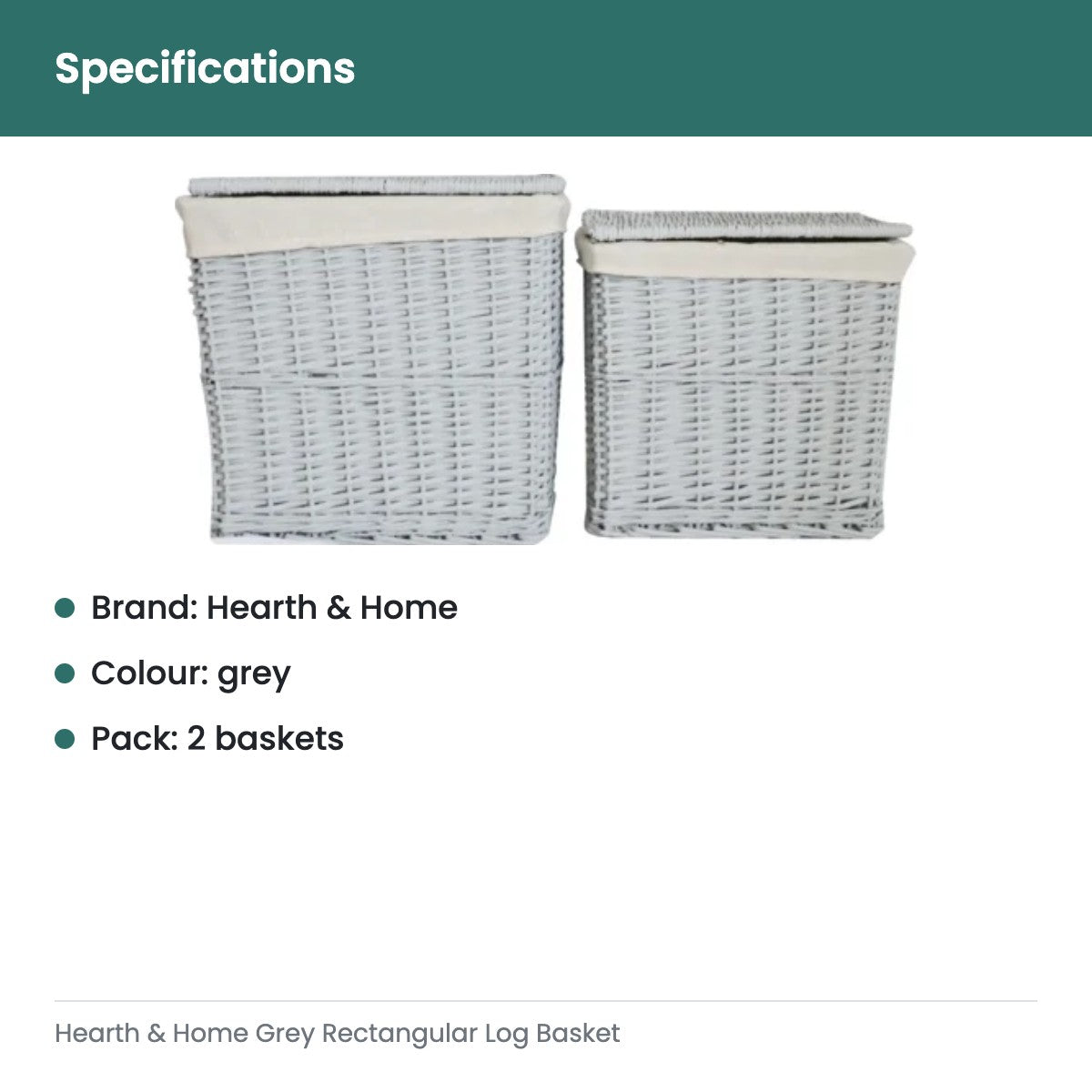 Hearth & Home Grey Rectangular Log Basket - specifications