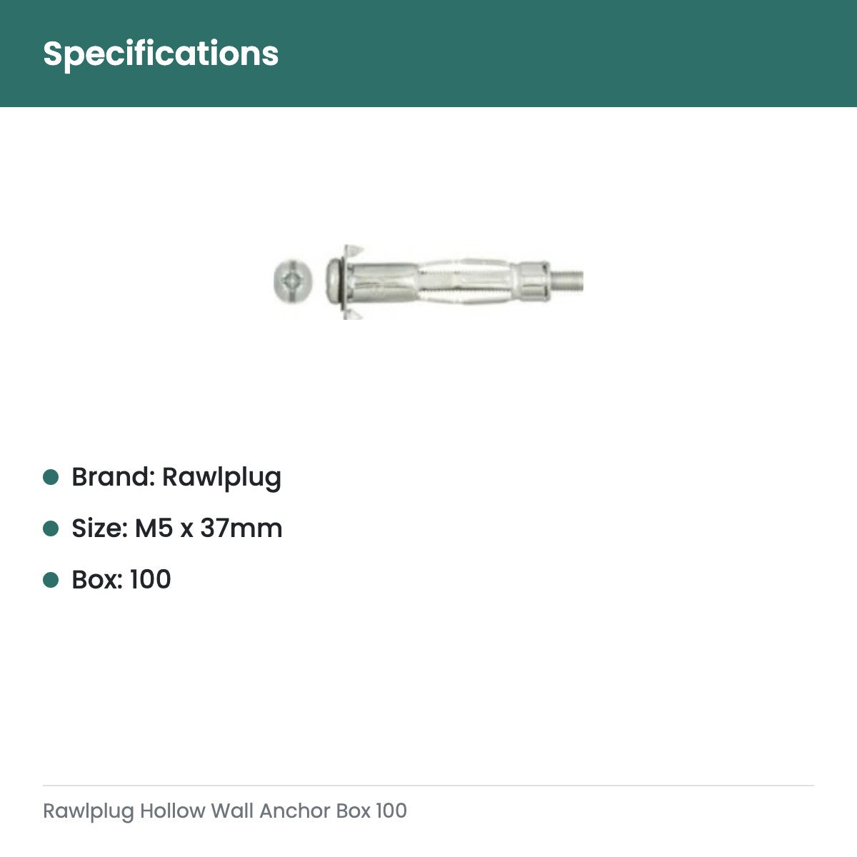 Rawlplug Hollow Wall Anchor Box 100 - specifications