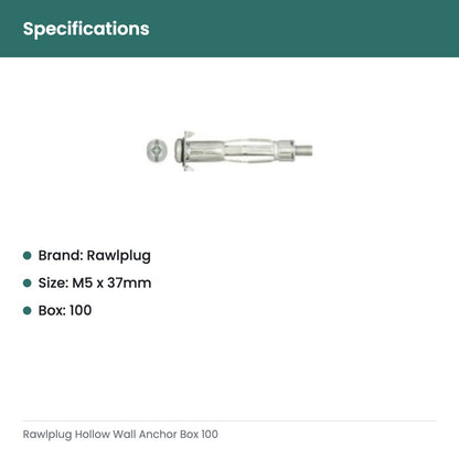 Rawlplug Hollow Wall Anchor Box 100 - specifications