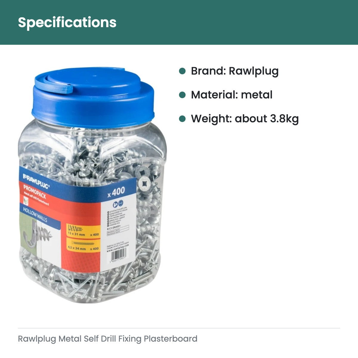 Rawlplug Metal Self Drill Fixing Plasterboard Plug - specifications