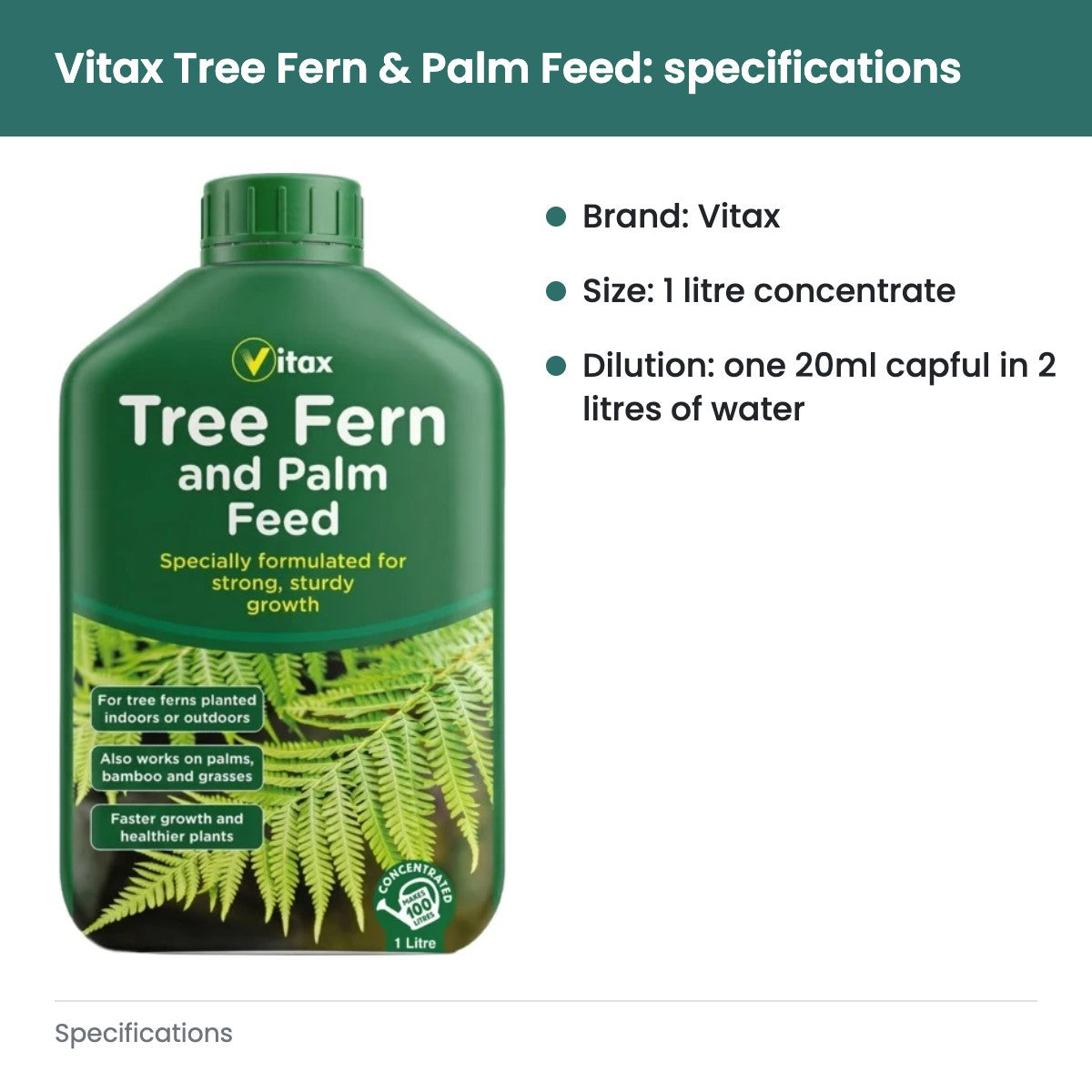 Vitax Tree Fern & Palm Feed, Concentrated Liquid Plant Food, 1 Litre - specifications