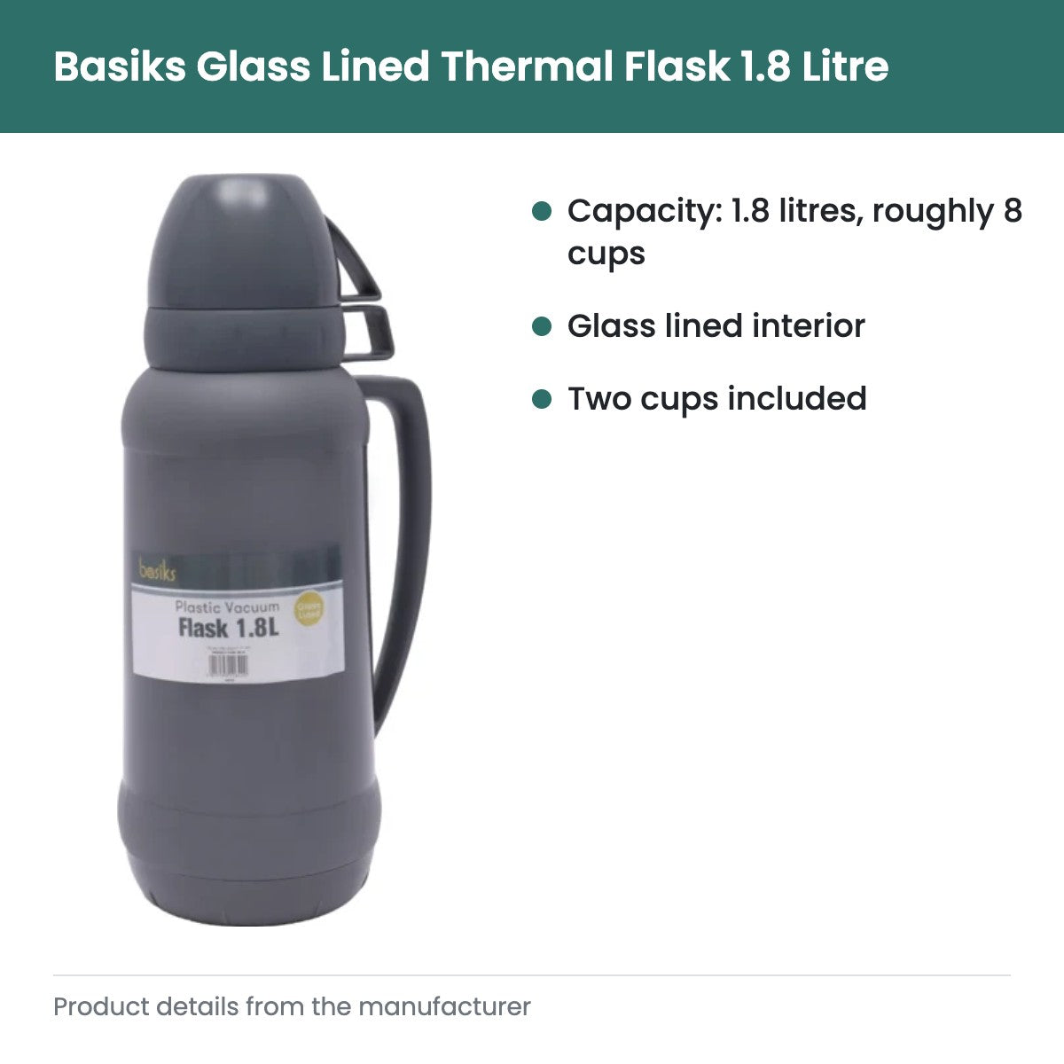 Basiks Glass Lined Thermal Flask 1.8 Litre with 2 Cups - key features