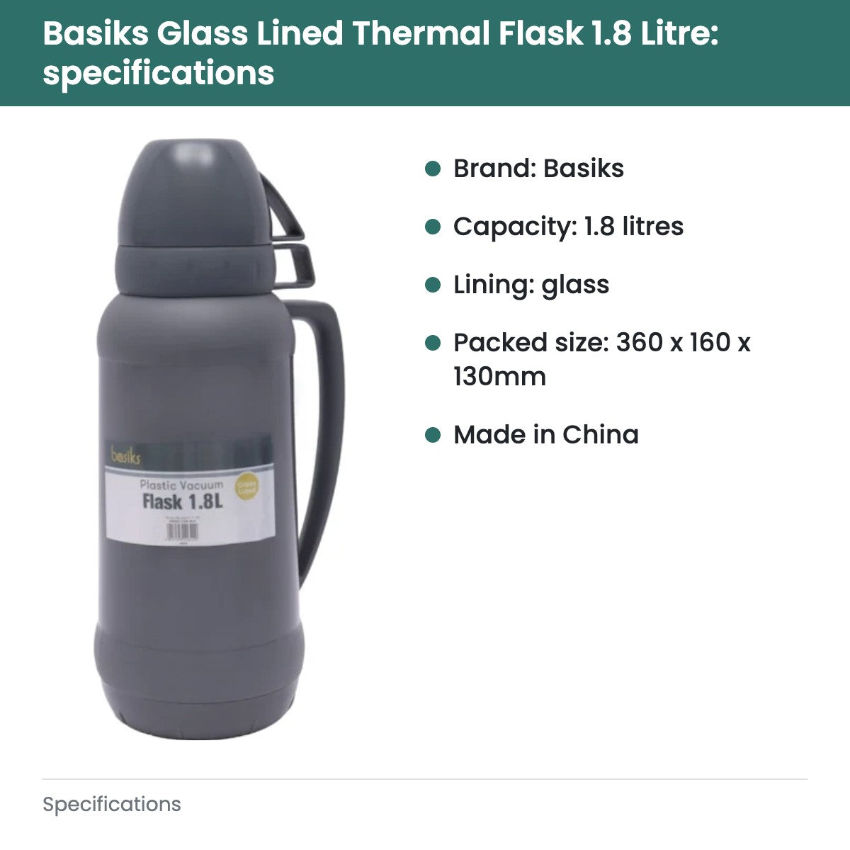 Basiks Glass Lined Thermal Flask 1.8 Litre with 2 Cups - specifications
