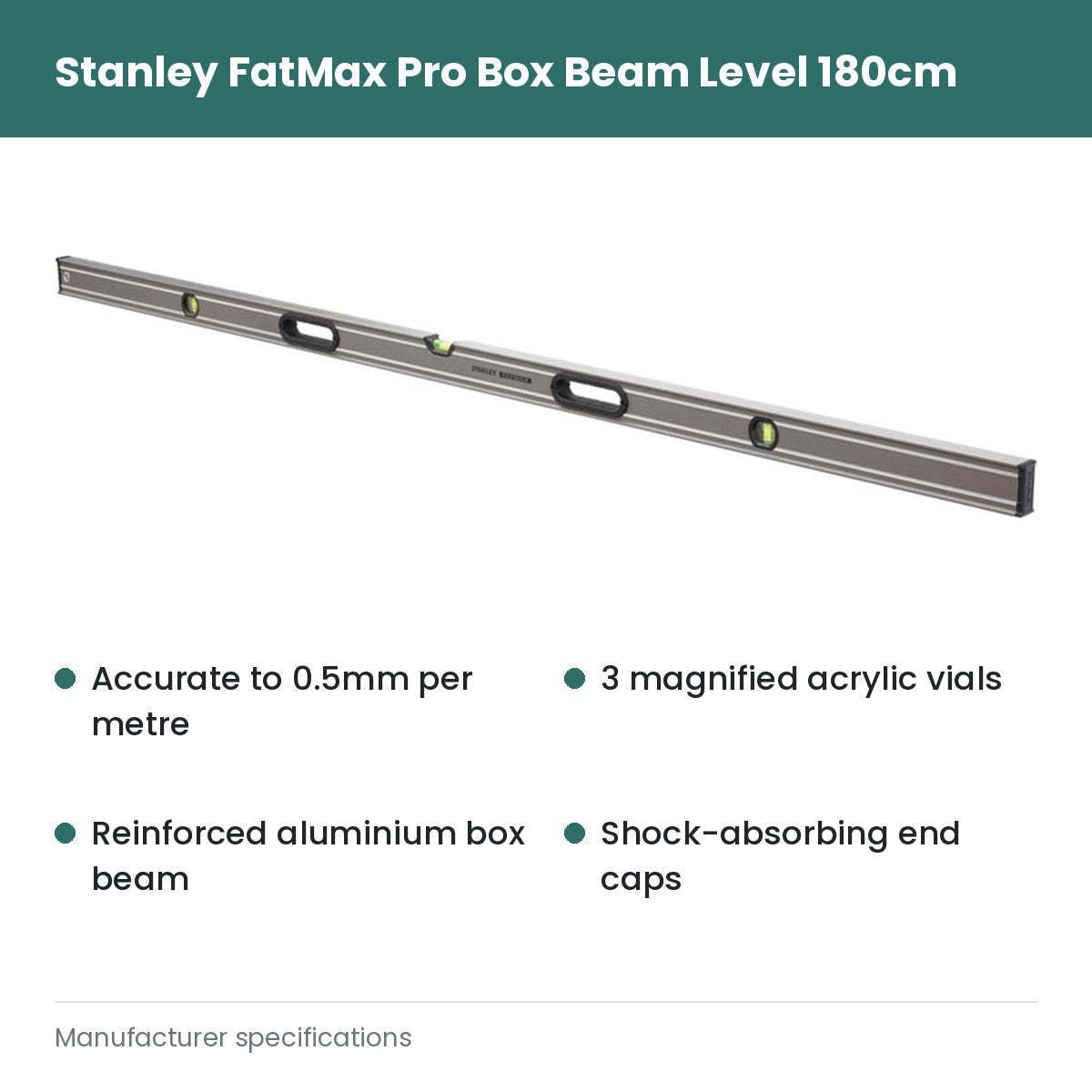 Stanley FatMax Pro Boxbeam Level 180cm - Accurate to 0.5mm per metre; 3 magnified acrylic vials; Reinforced aluminium box beam; Shock-absorbing end caps