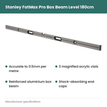 Stanley FatMax Pro Boxbeam Level 180cm - Accurate to 0.5mm per metre; 3 magnified acrylic vials; Reinforced aluminium box beam; Shock-absorbing end caps