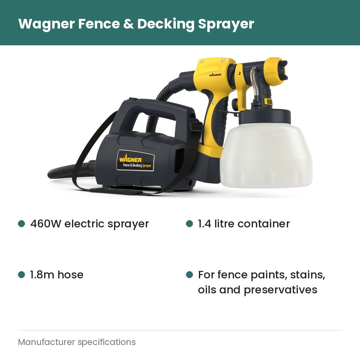 Wagner Fence And Decking Sprayer - 460W electric sprayer; 1.4 litre container; 1.8m hose; For fence paints, stains, oils and preservatives